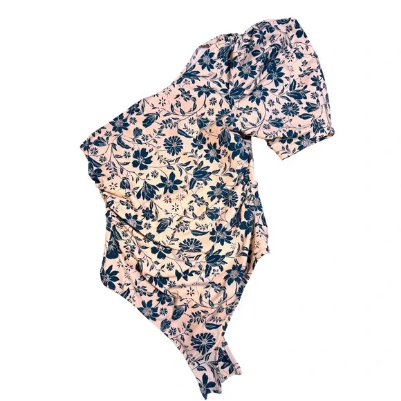 Free People Intimately One Shoulder Puff Sleeve Floral Bodysuit Teal Cream XS - Picture 2 of 7